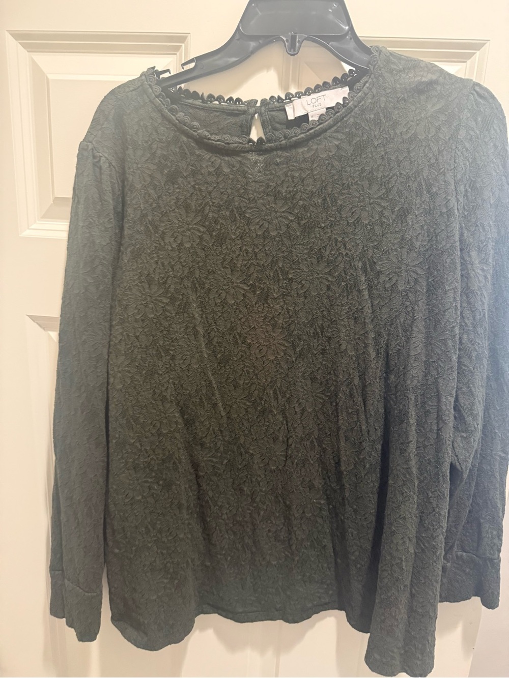 LOFT Olive Green Floral Lace-Textured Crew Neck Top